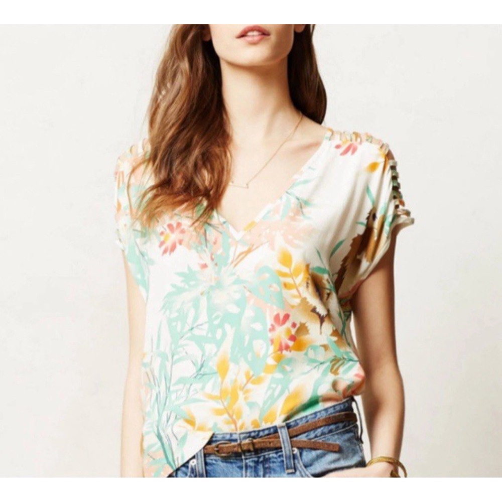 COREY LYNN CALTER Size Large Tropical Capuchin Monkey V-Neck Short Sleeve Top